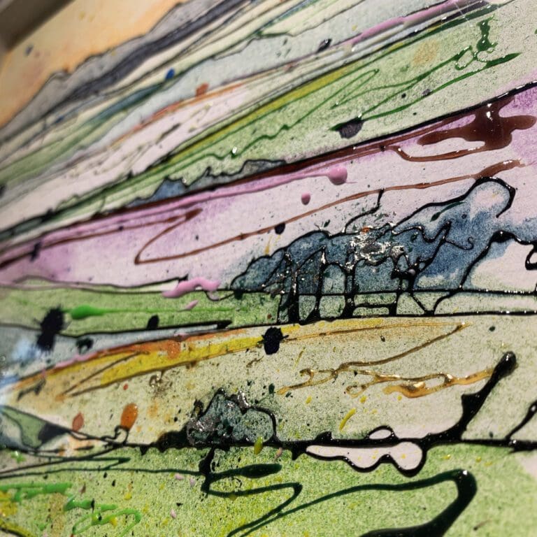 Close up detail of Across the Drumlins, an original County Down landscape painting, to show the texture and detail of ink and gel on the surface, and the use of gold and silver leaf.