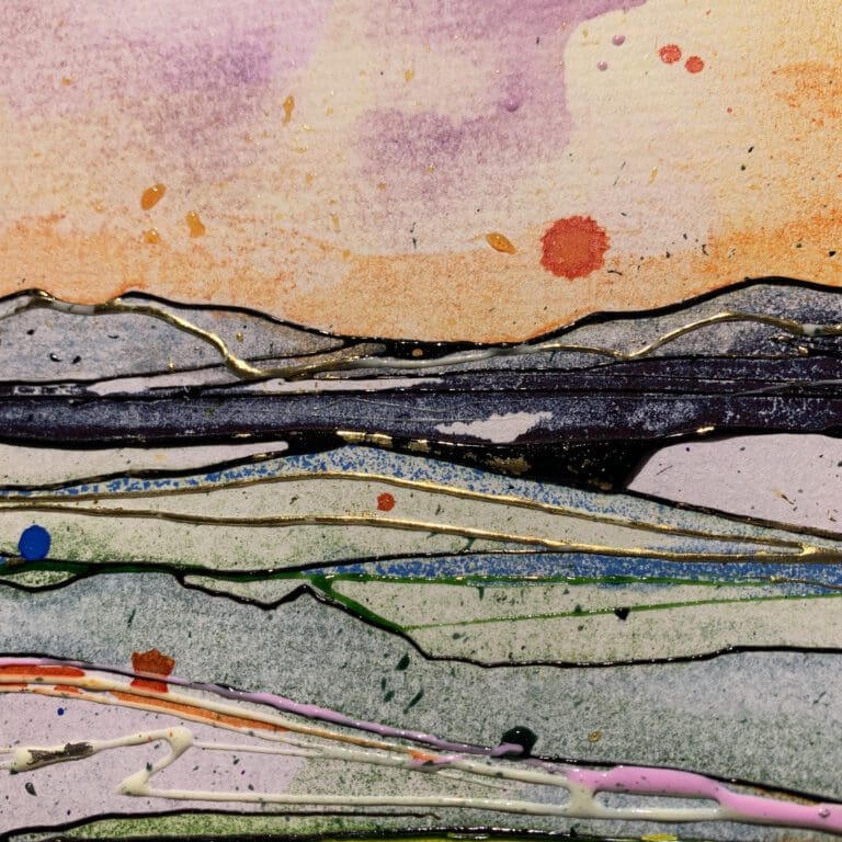 Close up detail of Across the Drumlins, an original County Down landscape painting, to show the texture and detail of ink and gel on the surface, and the use of gold and silver leaf.