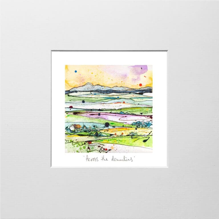 A digital mockup showing how a miniature print of Across the Drumlins by Kathryn Callaghan will look presented in a 23cm mount. Across the Drumlins features a rolling hilly landscape.