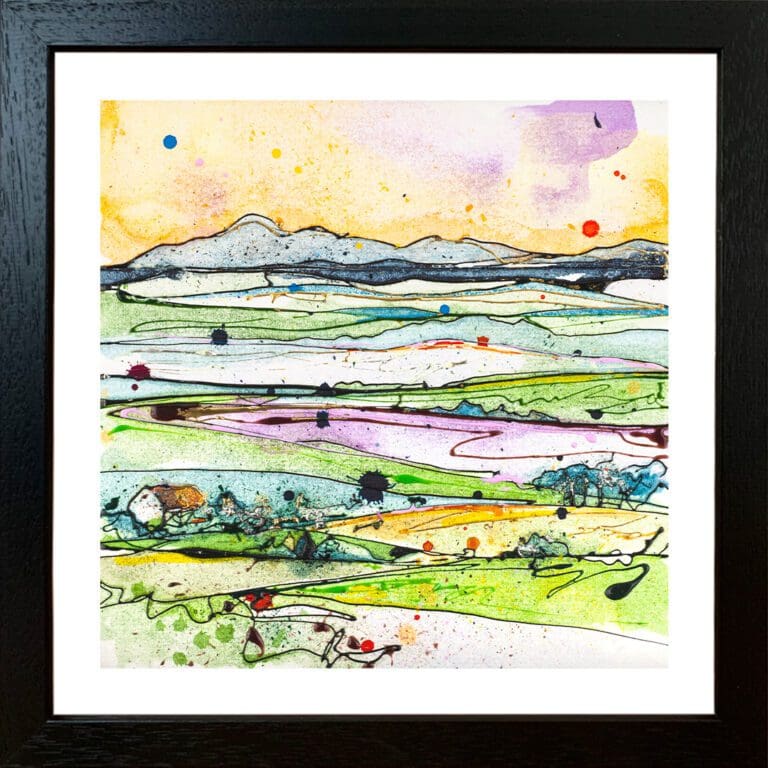 A landscape print by Kathryn Callaghan, named 'Across the Drumlins', displayed in a Standard Black frame.