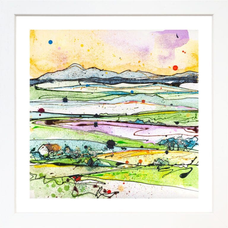 A landscape print by Kathryn Callaghan, named 'Across the Drumlins', displayed in a Standard White frame.