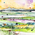 A print looking across rolling hills from Killynether Wood to the Mourne Mountains in Northern Ireland. Miles of rolling green farmland sprawl between. The print is named Across the Drumlins by Kathryn Callaghan.