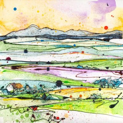 A print looking across rolling hills from Killynether Wood to the Mourne Mountains in Northern Ireland. Miles of rolling green farmland sprawl between. The print is named Across the Drumlins by Kathryn Callaghan.