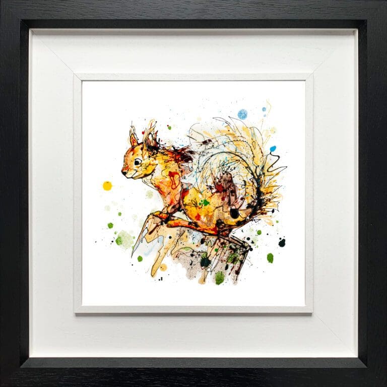 A red squirrel print by Kathryn Callaghan, named 'Happy Go Lucky', displayed in a Deluxe Black frame.