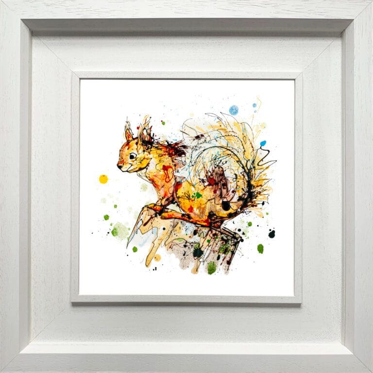 A red squirrel print by Kathryn Callaghan, named 'Happy Go Lucky', displayed in a Deluxe White frame.