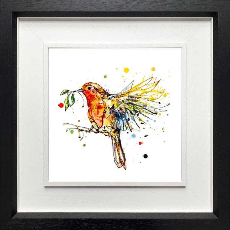 A robin print by Kathryn Callaghan, named 'I'm Home', displayed in a Deluxe Black frame.