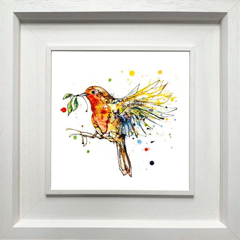 A robin print by Kathryn Callaghan, named 'I'm Home', displayed in a Deluxe White frame.