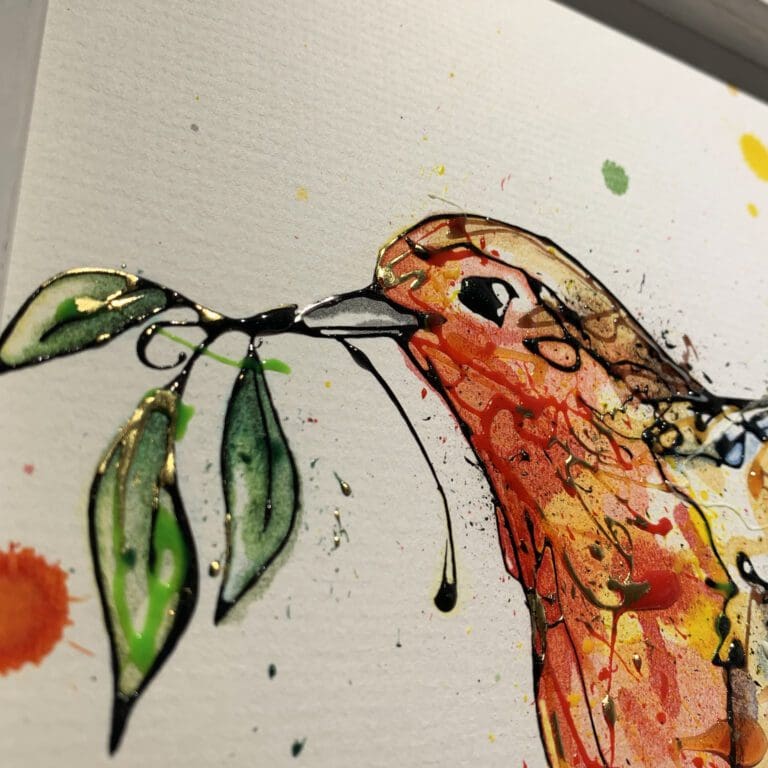 Close up detail of I'm Home, an original robin painting, to show the texture and detail of ink and gel on the surface, and the use of gold and silver leaf.