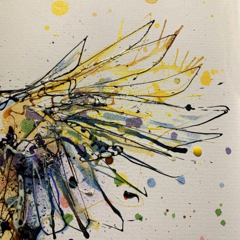 Close up detail of I'm Home, an original robin painting, to show the texture and detail of ink and gel on the surface, and the use of gold and silver leaf.
