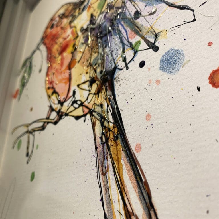 Close up detail of I'm Home, an original robin painting, to show the texture and detail of ink and gel on the surface, and the use of gold and silver leaf.