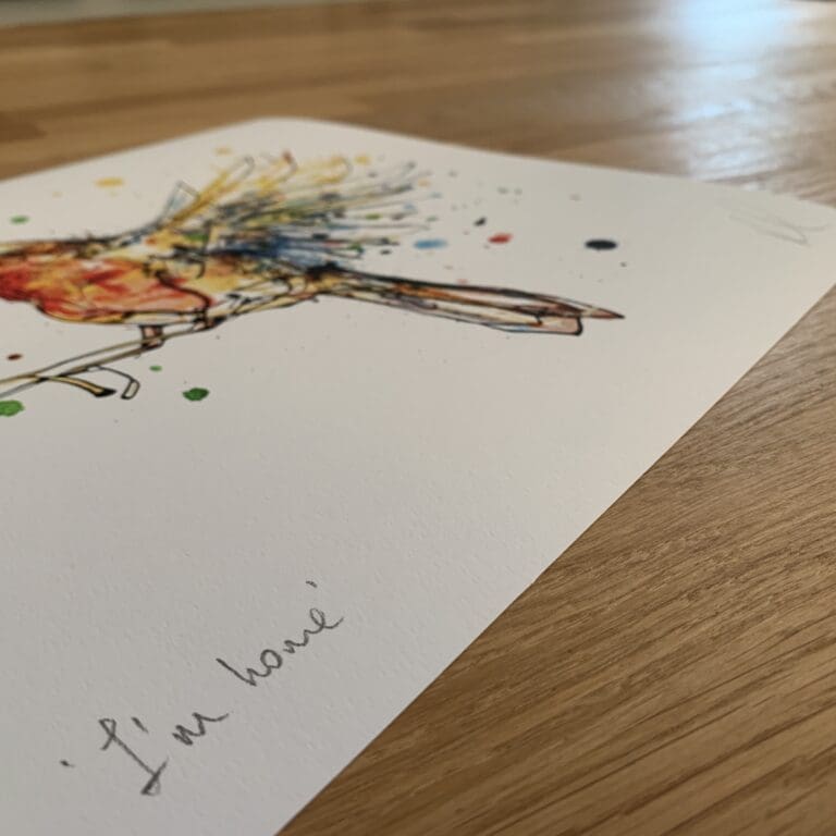 Photograph of I'm Home by Kathryn Callaghan, which shows the print's title handwritten in the bottom left corner and the artist's signature in the bottom right, with space between to add a custom personalisation.