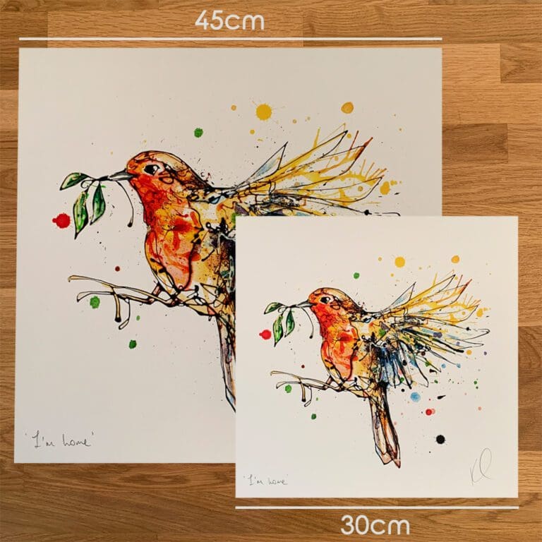 Two prints of I'm Home Kathryn Callaghan to show the size difference between the 45cm print and the 30cm print.