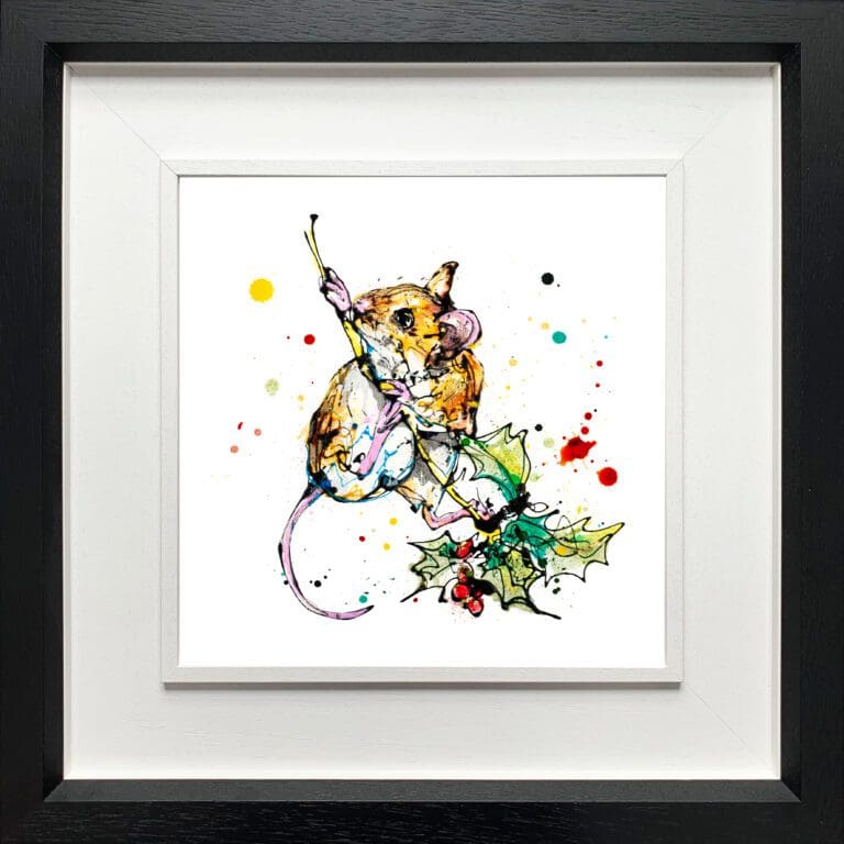 A harvest mouse print by Kathryn Callaghan, named 'Just Hanging Around', displayed in a Deluxe Black frame.