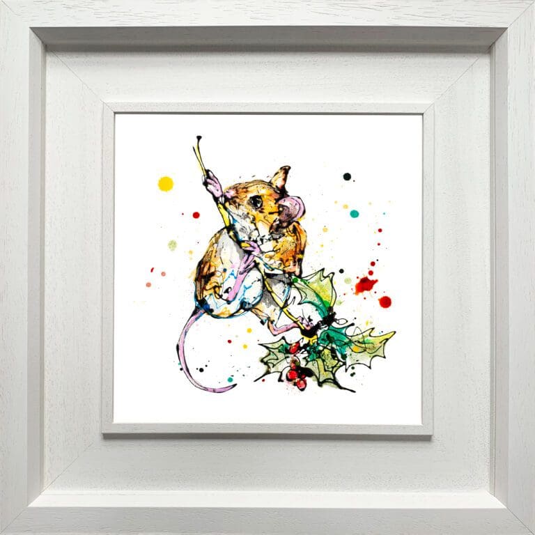 A harvest mouse print by Kathryn Callaghan, named 'Just Hanging Around', displayed in a Deluxe White frame.