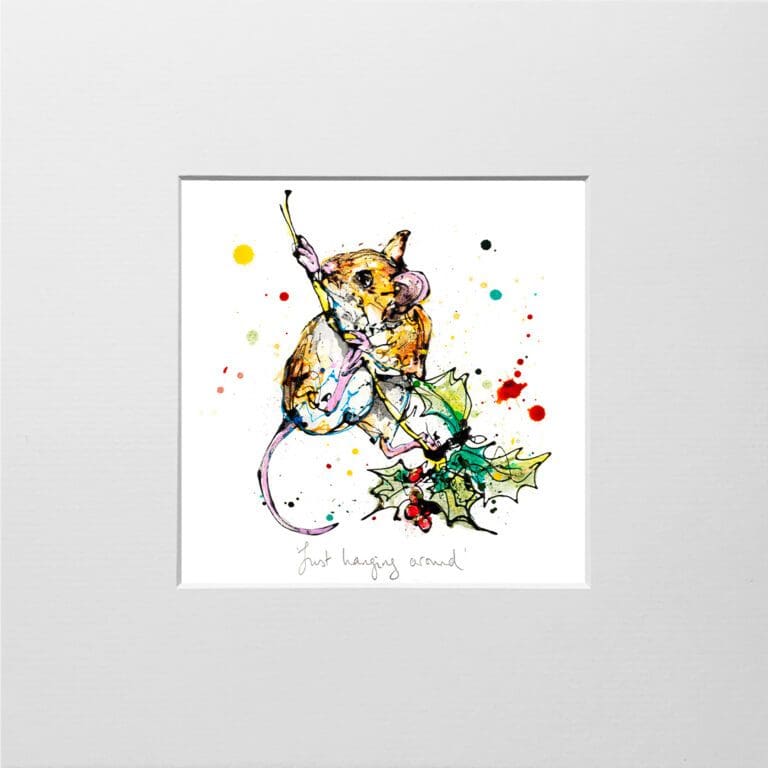 A digital mockup showing how a miniature print of Just Hanging Around by Kathryn Callaghan will look presented in a 23cm mount. Just Hanging Around features a harvest mouse clinging to a holly twig.