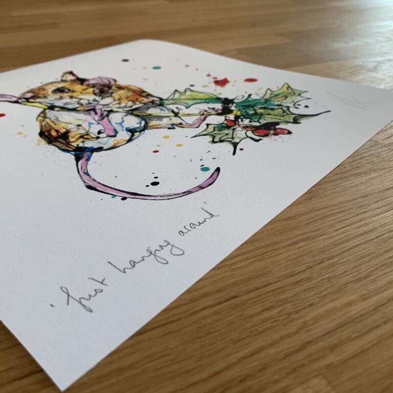 Photograph of Just Hanging Around by Kathryn Callaghan, which shows the print's title handwritten in the bottom left corner and the artist's signature in the bottom right, with space between to add a custom personalisation.