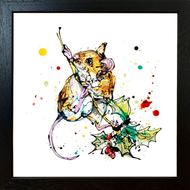 A harvest mouse print by Kathryn Callaghan, named 'Just Hanging Around', displayed in a Standard Black frame.