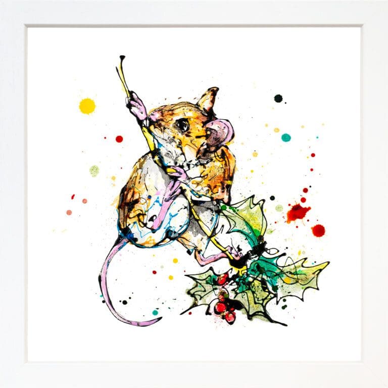 A harvest mouse print by Kathryn Callaghan, named 'Just Hanging Around', displayed in a Standard White frame.