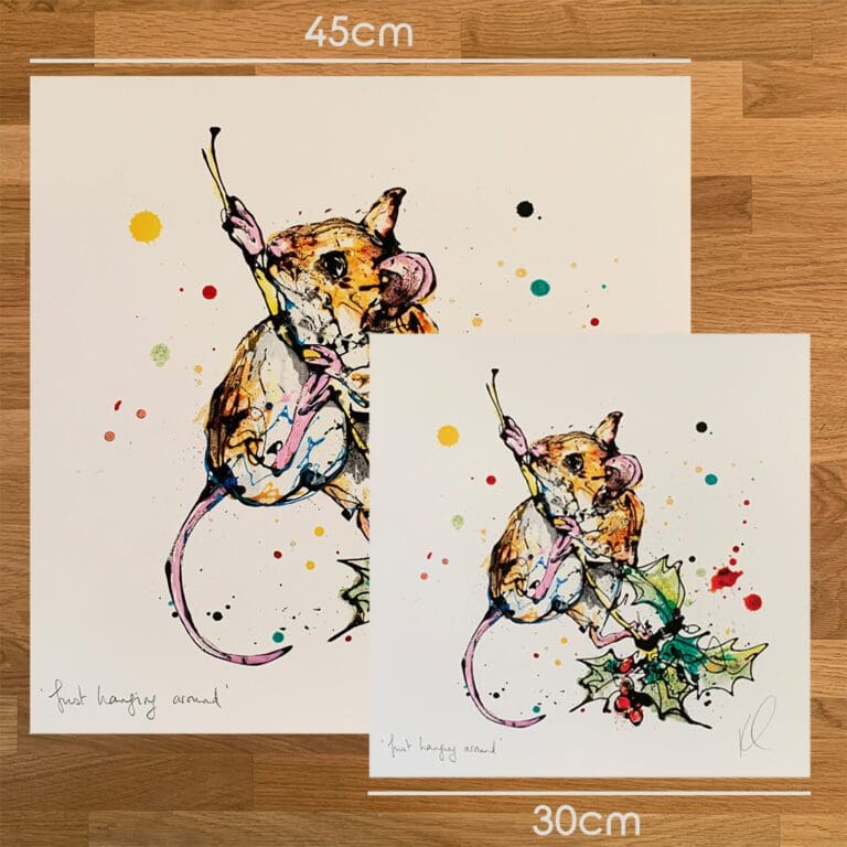 Two prints of Just Hanging Around Kathryn Callaghan to show the size difference between the 45cm print and the 30cm print.