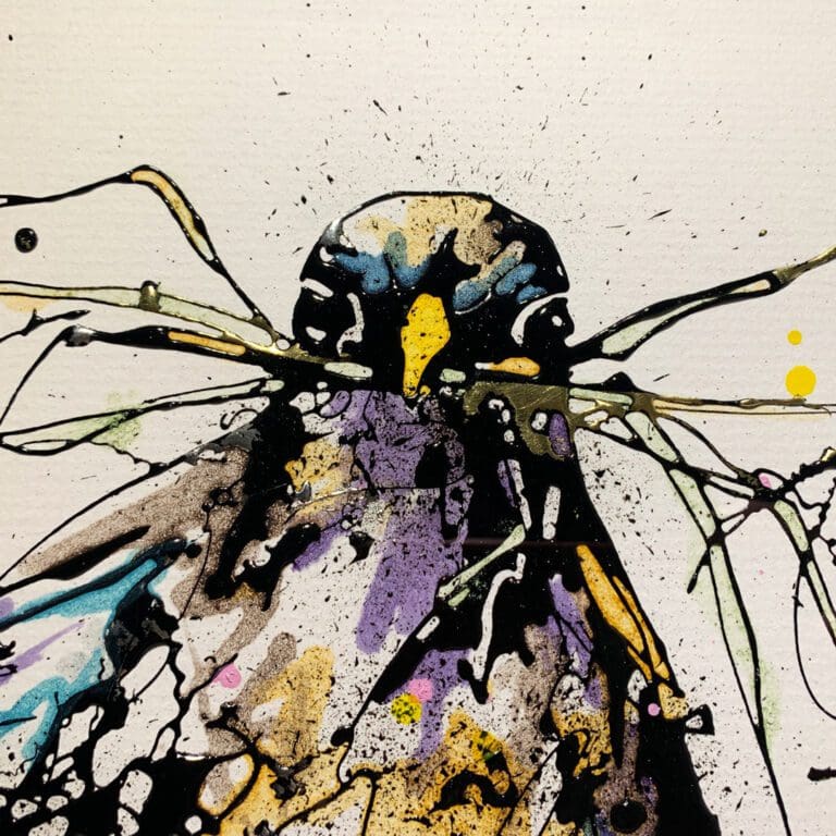 Close up detail of Nesting, an original blackbird painting, to show the texture and detail of ink and gel on the surface.