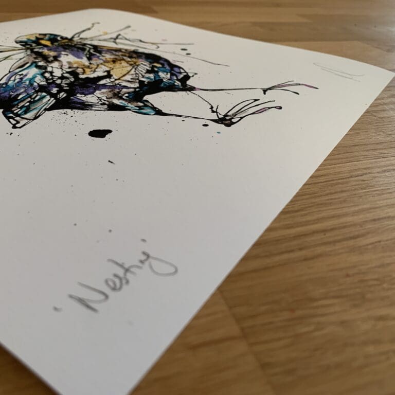 Photograph of Nesting by Kathryn Callaghan, which shows the print's title handwritten in the bottom left corner and the artist's signature in the bottom right, with space between to add a custom personalisation.