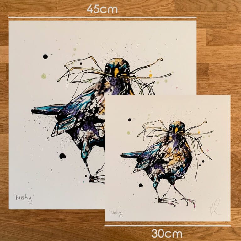 Two prints of Nesting Kathryn Callaghan to show the size difference between the 45cm print and the 30cm print.