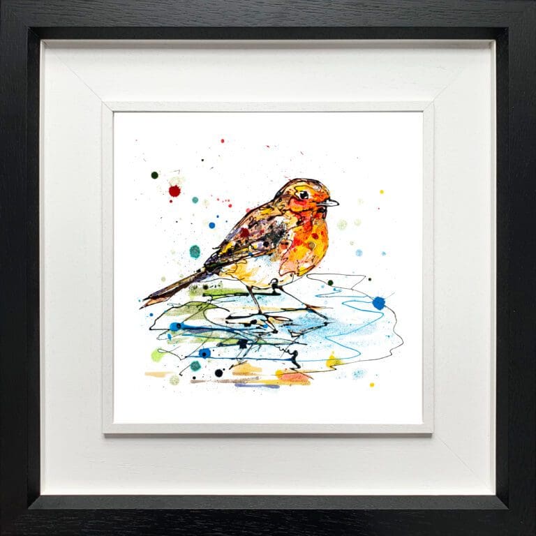 A robin print by Kathryn Callaghan, named 'Reflect', displayed in a Deluxe Black frame.