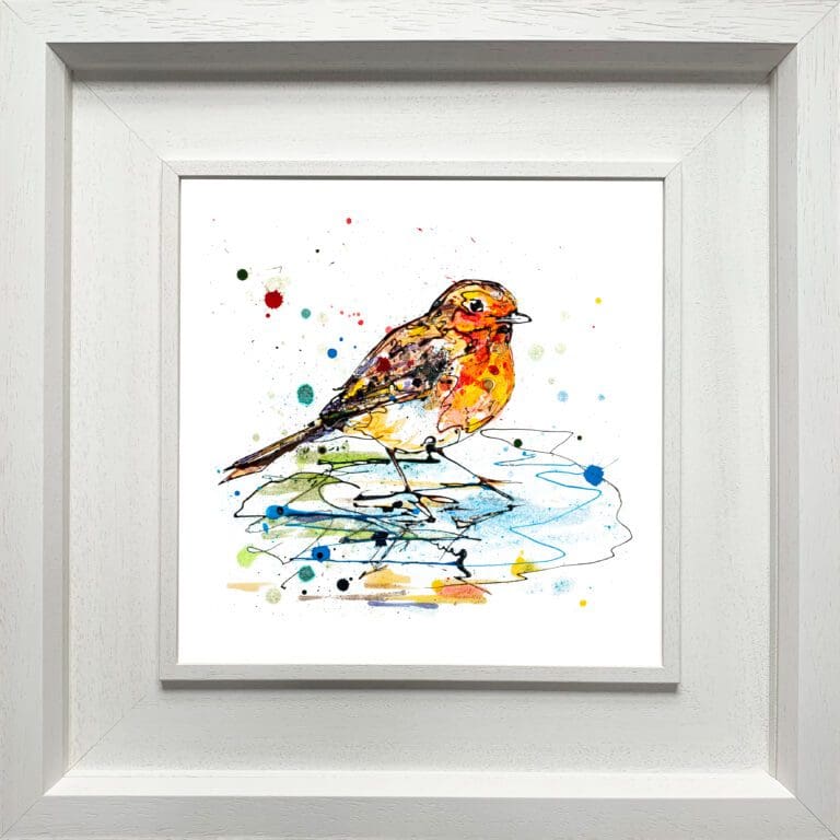 A robin print by Kathryn Callaghan, named 'Reflect', displayed in a Deluxe White frame.