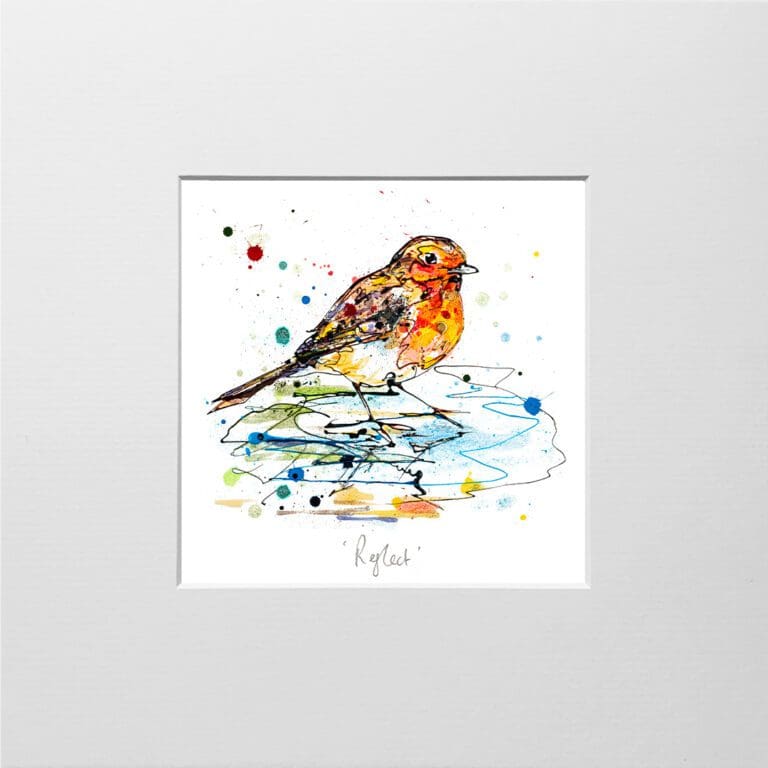 A digital mockup showing how a miniature print of Reflect by Kathryn Callaghan will look presented in a 23cm mount. Reflect features a robin standing in a pool of water.