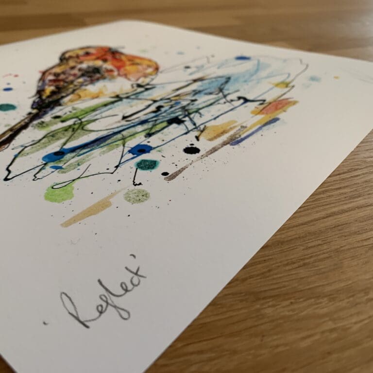 Photograph of Reflect by Kathryn Callaghan, which shows the print's title handwritten in the bottom left corner and the artist's signature in the bottom right, with space between to add a custom personalisation.