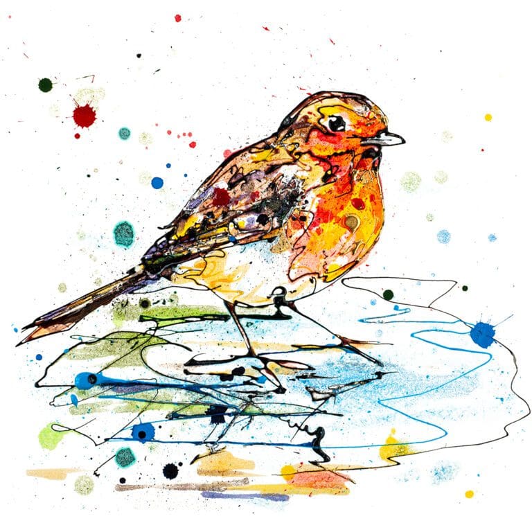 A painting of a robin standing in a pool of water, titled Reflect, by Kathryn Callaghan.