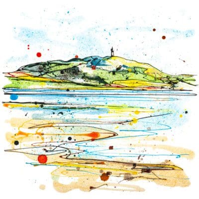 A print of Scrabo Tower as seen from the western shore of Strangford Lough by Kathryn Callaghan, titled Scrabo From The Lough.