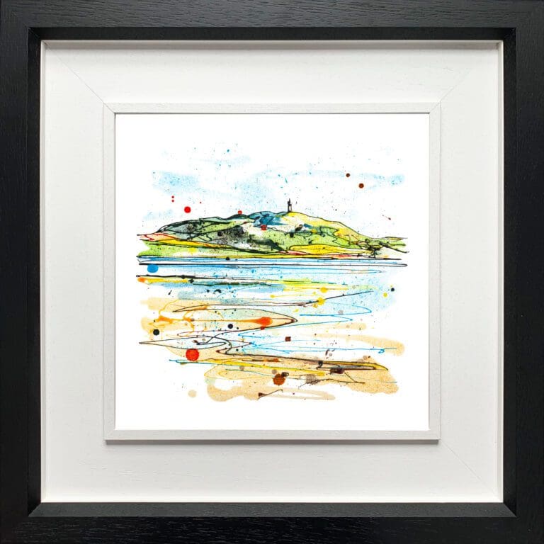 A landscape print by Kathryn Callaghan, named 'Scrabo from the Lough', displayed in a Deluxe Black frame.