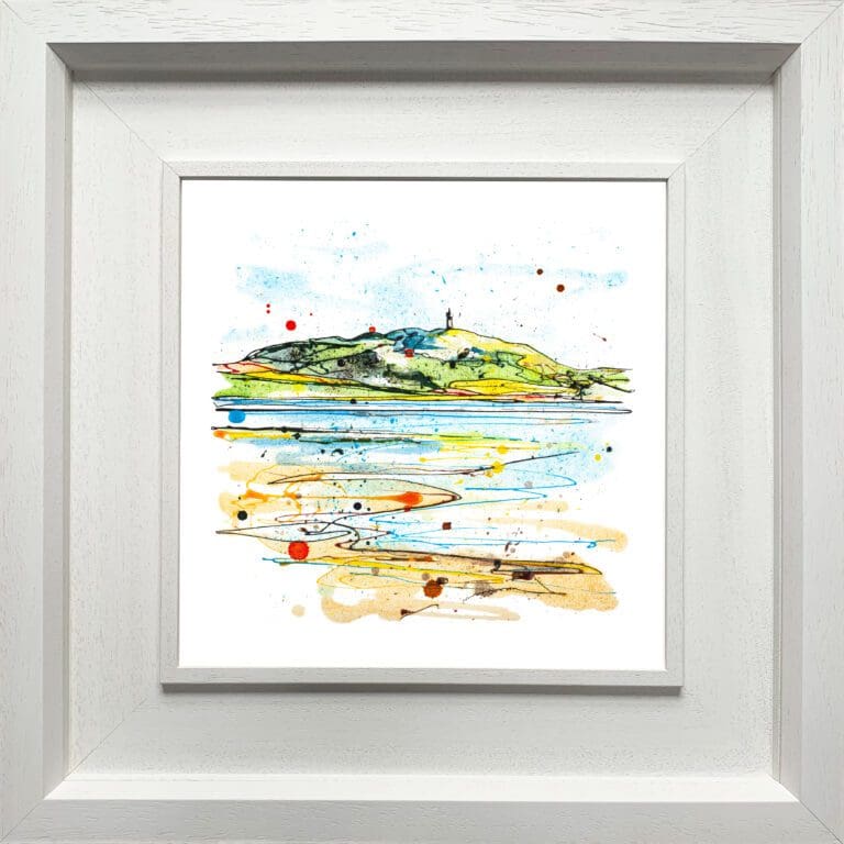 A landscape print by Kathryn Callaghan, named 'Scrabo from the Lough', displayed in a Deluxe White frame.