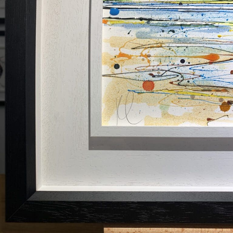 The bottom left corner of Scrabo from the Lough, an original painting by Kathryn Callaghan, which shows the two part white and black wooden frame and the artist's signature on the painting.