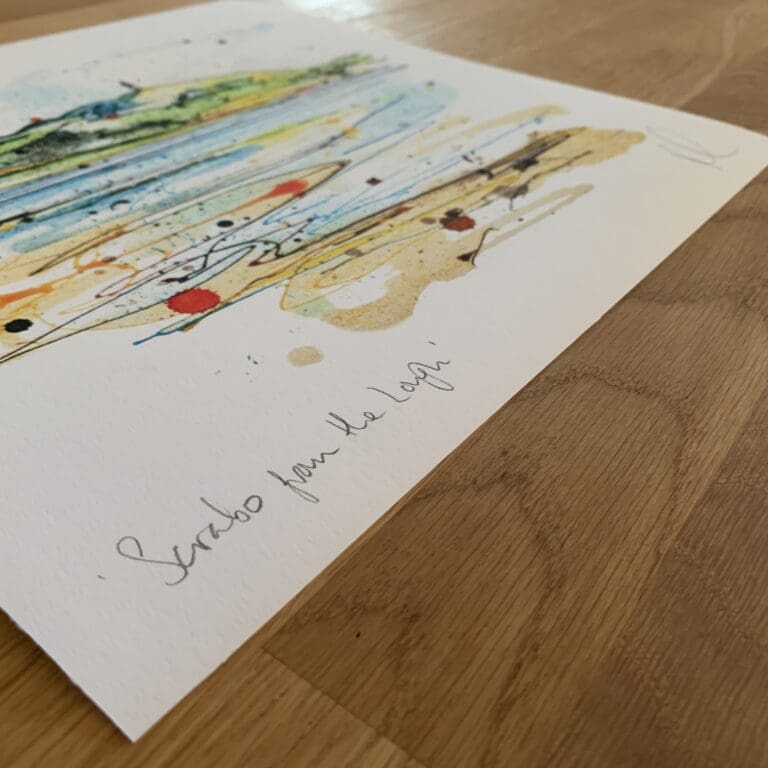 Photograph of Scrabo from the Lough by Kathryn Callaghan which shows the print's title handwritten in the bottom left corner and the artist's signature in the bottom right, with space between to add a custom personalisation.