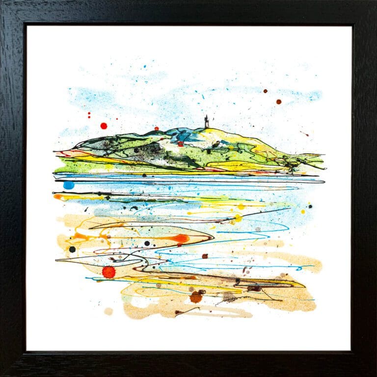 A landscape print by Kathryn Callaghan, named 'Scrabo from the Lough', displayed in a Standard Black frame.