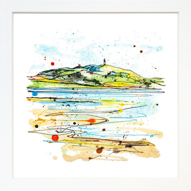 A landscape print by Kathryn Callaghan, named 'Scrabo from the Lough', displayed in a Standard White frame.