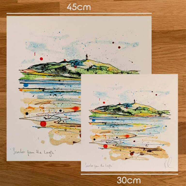 Two prints of Scrabo from the Lough Kathryn Callaghan to show the size difference between the 45cm print and the 30cm print.