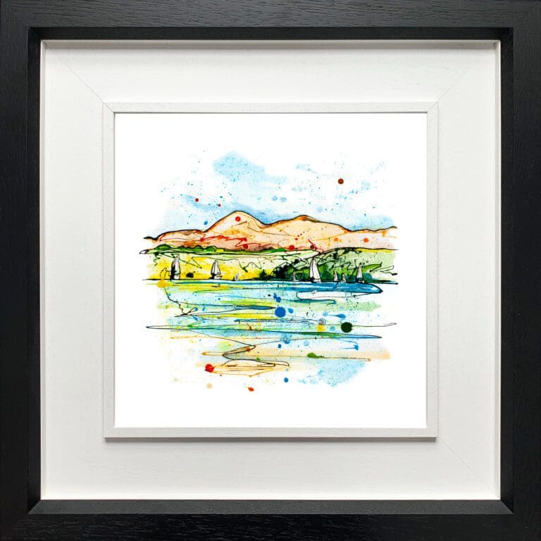 A landscape print by Kathryn Callaghan, named 'Set Sail, Strangford Lough', displayed in a Deluxe Black frame.