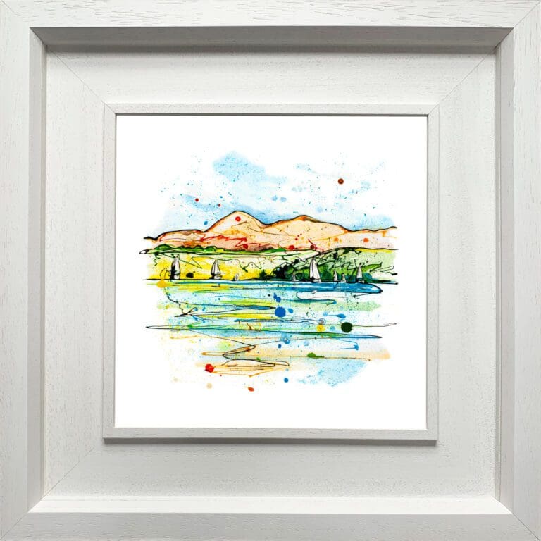 A landscape print by Kathryn Callaghan, named 'Set Sail, Strangford Lough', displayed in a Deluxe White frame.