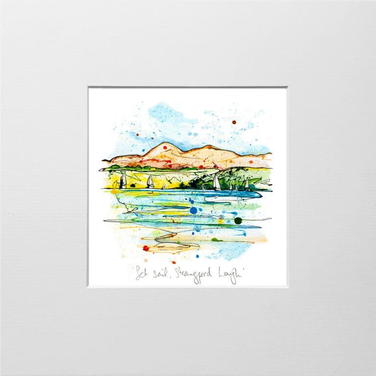 A digital mockup showing how a miniature print of Set Sail, Strangford Lough by Kathryn Callaghan will look presented in a 23cm mount. Set Sail, Strangford Lough features a view across Strangford Lough to the Mournes.