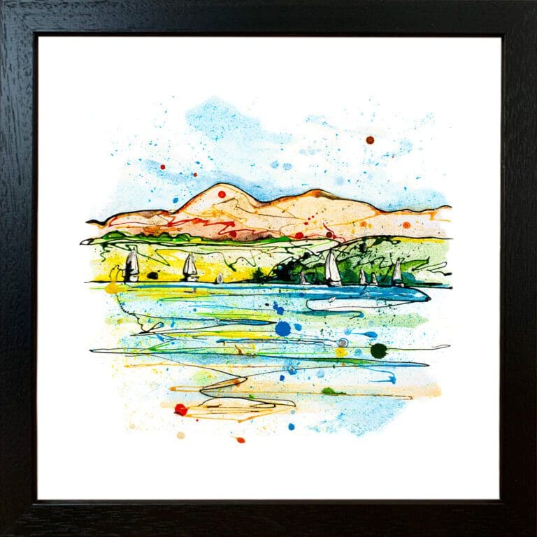 A landscape print by Kathryn Callaghan, named 'Set Sail, Strangford Lough', displayed in a Standard Black frame.