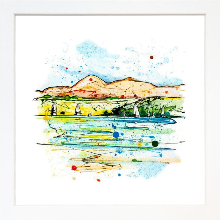 A landscape print by Kathryn Callaghan, named 'Scrabo from the Lough', displayed in a Standard White frame.