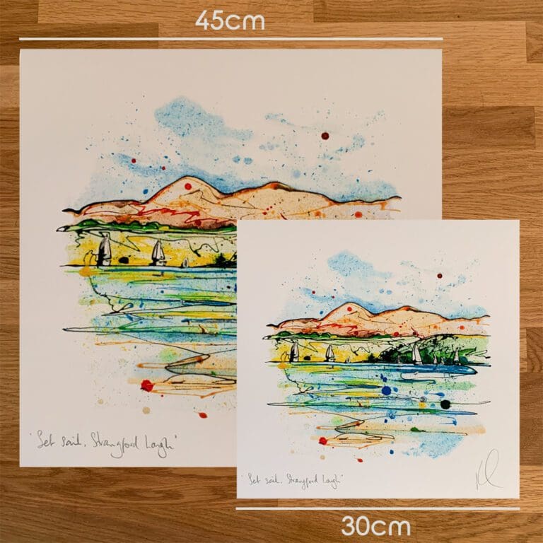 Two prints of Set Sail, Strangford Lough Kathryn Callaghan to show the size difference between the 45cm print and the 30cm print.