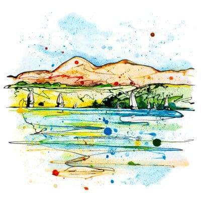 A print of sailboats on Strangford Lough with the Mourne Mountains in the background. The print is titled Set Sail, Strangford Lough by Kathryn Callaghan.