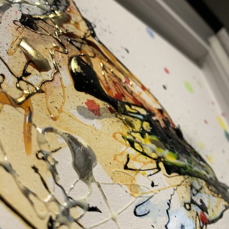 Close up detail of Sundown, an original goldfinch painting, to show the texture and detail of ink and gel on the surface, and the use of gold and silver leaf.