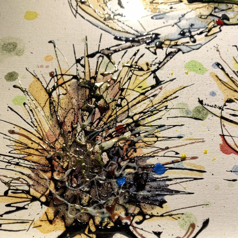 Close up detail of Sundown, an original goldfinch painting, to show the texture and detail of ink and gel on the surface, and the use of gold and silver leaf.
