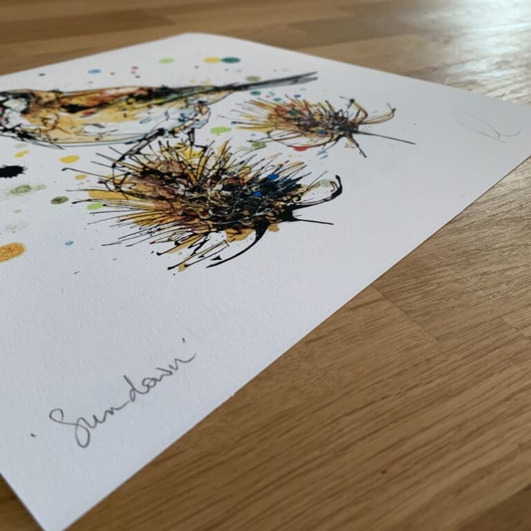 Photograph of Sundown by Kathryn Callaghan, which shows the print's title handwritten in the bottom left corner and the artist's signature in the bottom right, with space between to add a custom personalisation.