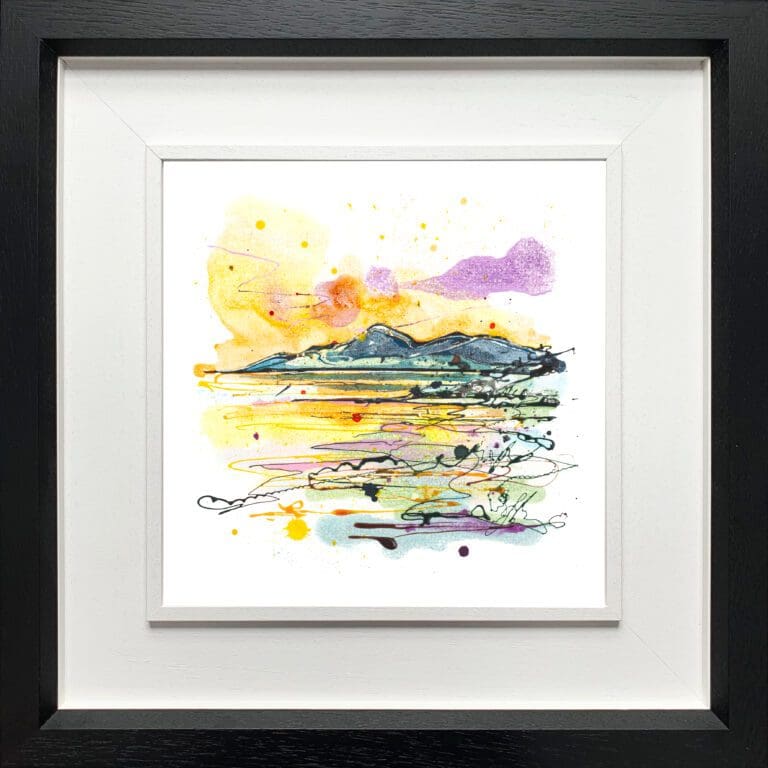 A landscape print by Kathryn Callaghan, named 'The Mournes at Sunset', displayed in a Deluxe Black frame.